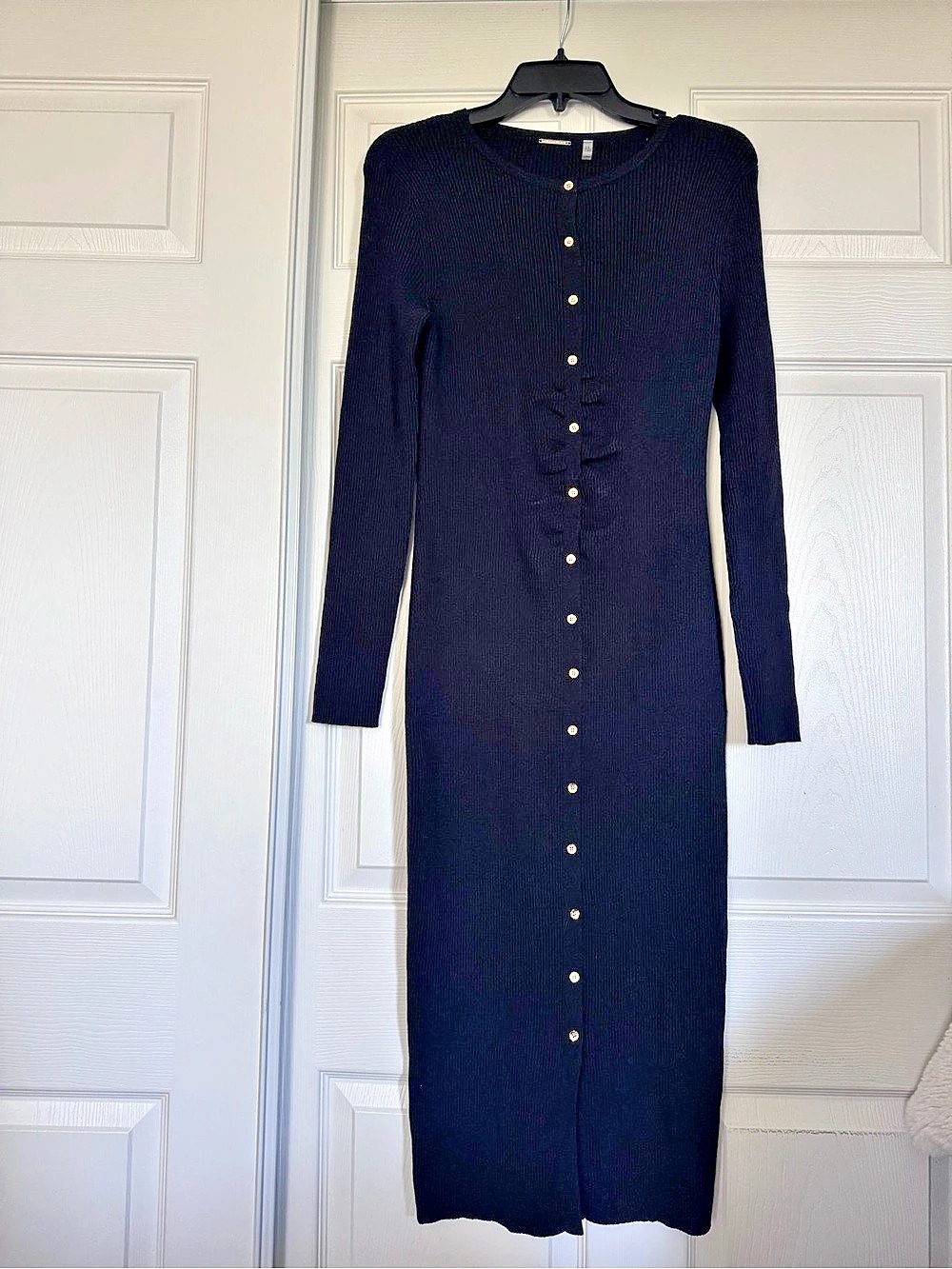 Elie Tahari Ribbed Button-Front Midi Dress Black Medium